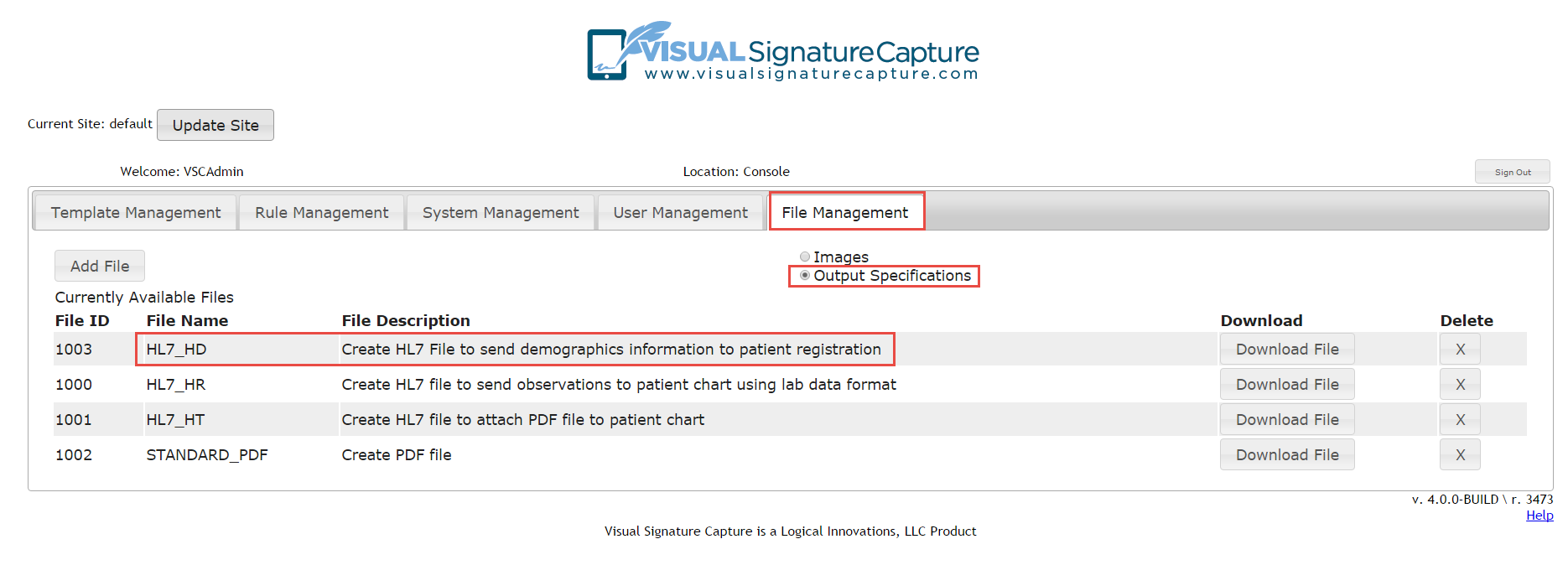 File Management Tab Output Specifications View